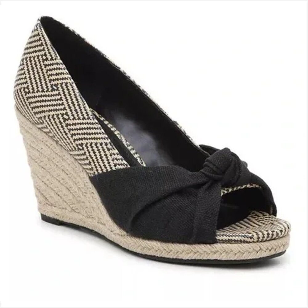 Kelly & Katie Beige & Black Espadrille Wedge Peep Toe Sandals Women US 9.5